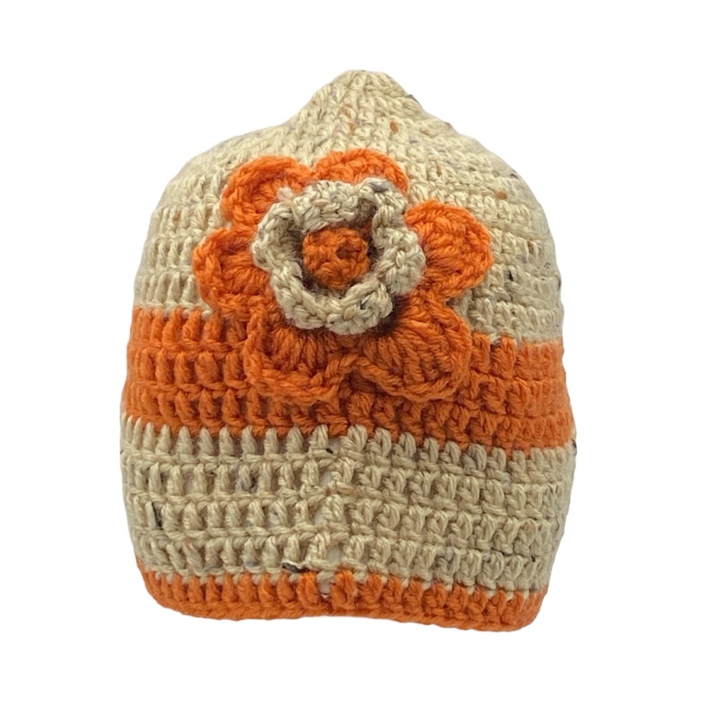 Women’s Hand-Crocheted Orange and Beige Flower Beanie Winter Hat